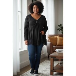 Black Handkerchief Hem Witchy Top 2X/3X‎ Log Sleeve V-Neck Lace-Up Whimsigoth